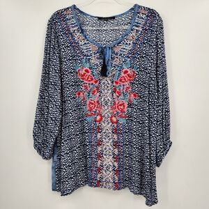 Calessa Long Sleeve Peasant Top Blouse Womens Size PXL Petite Blue Embroidered